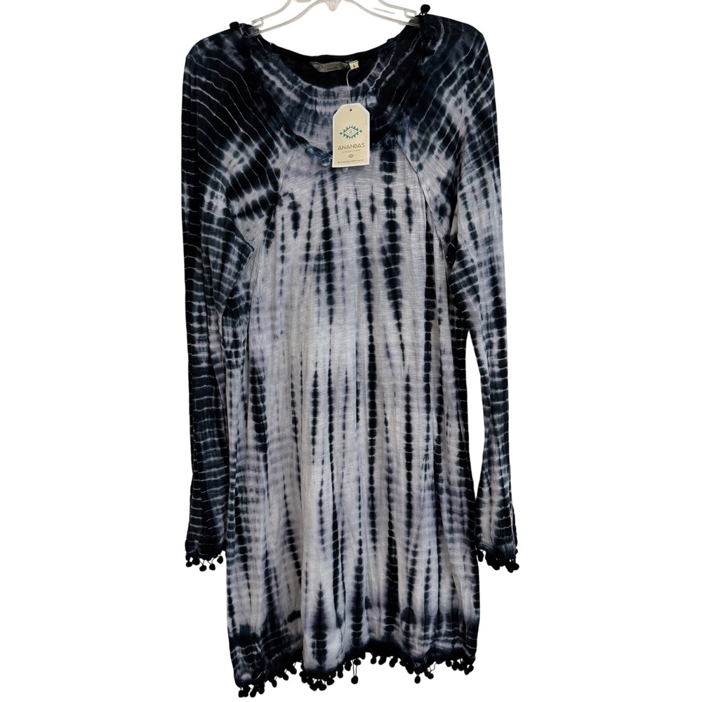 Anandas Collection Women Black White Tie Dye Pom Pom Trim Cotton Tunic Dress L